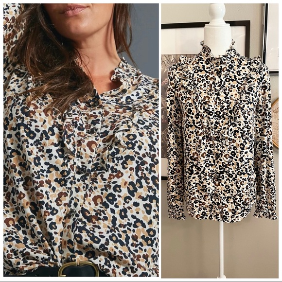 Maeve Tops - Anthropologie Maeve Katia Ruffled Leopard Print Ruffle Button-down